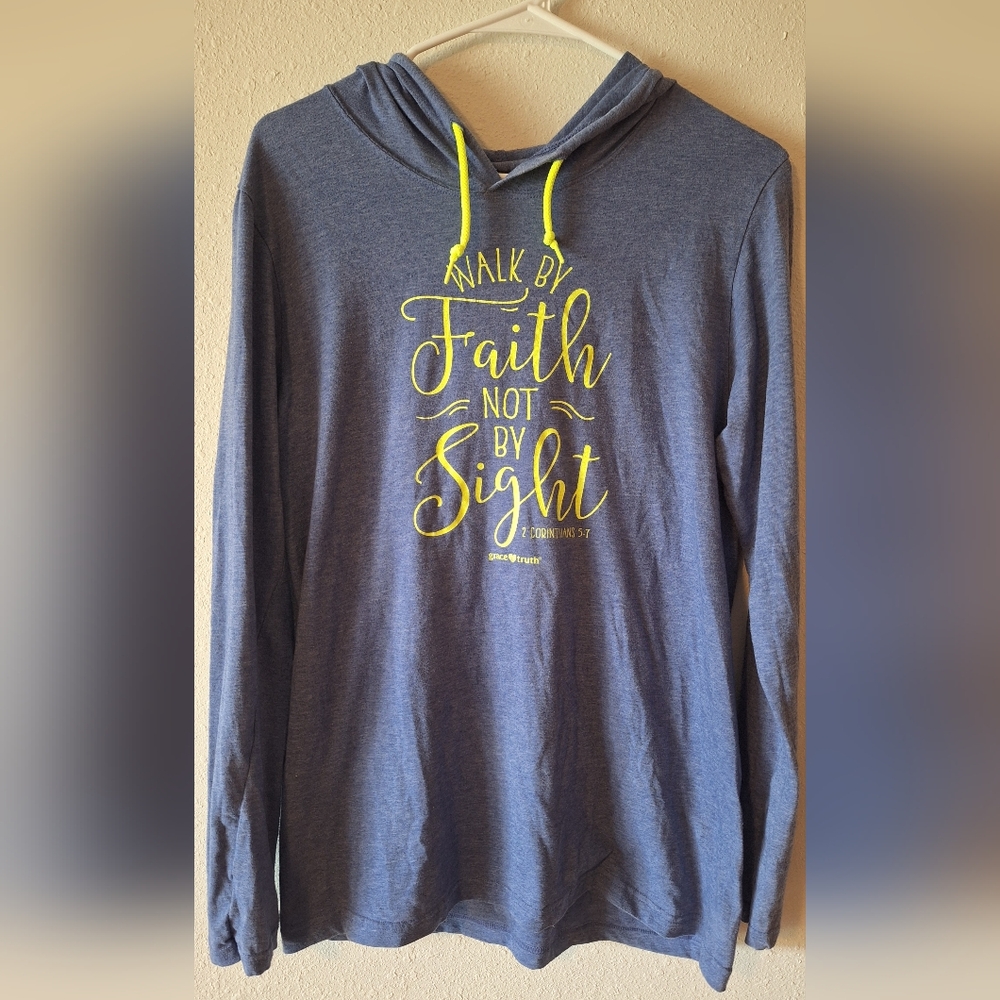Purplish-blue Hoodie Tee with Neon Yellow Script "Walk by Faith"